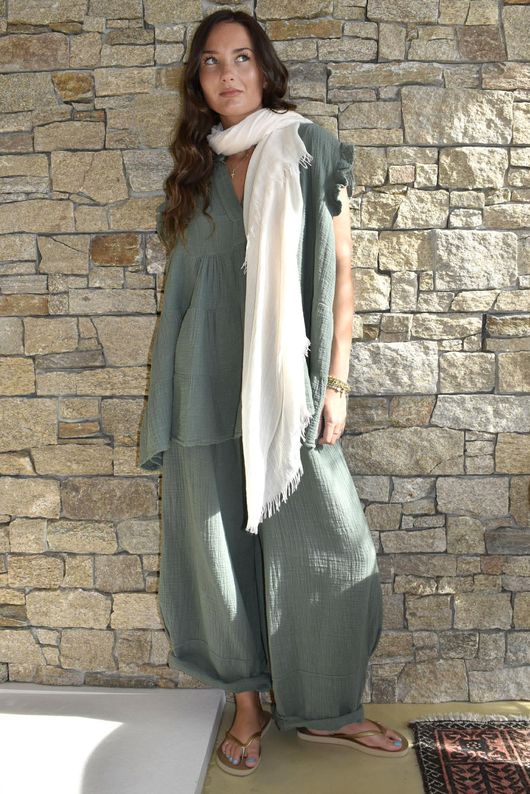 Tasha Cushion Cotton Cap Sleeve Tier Top Khaki